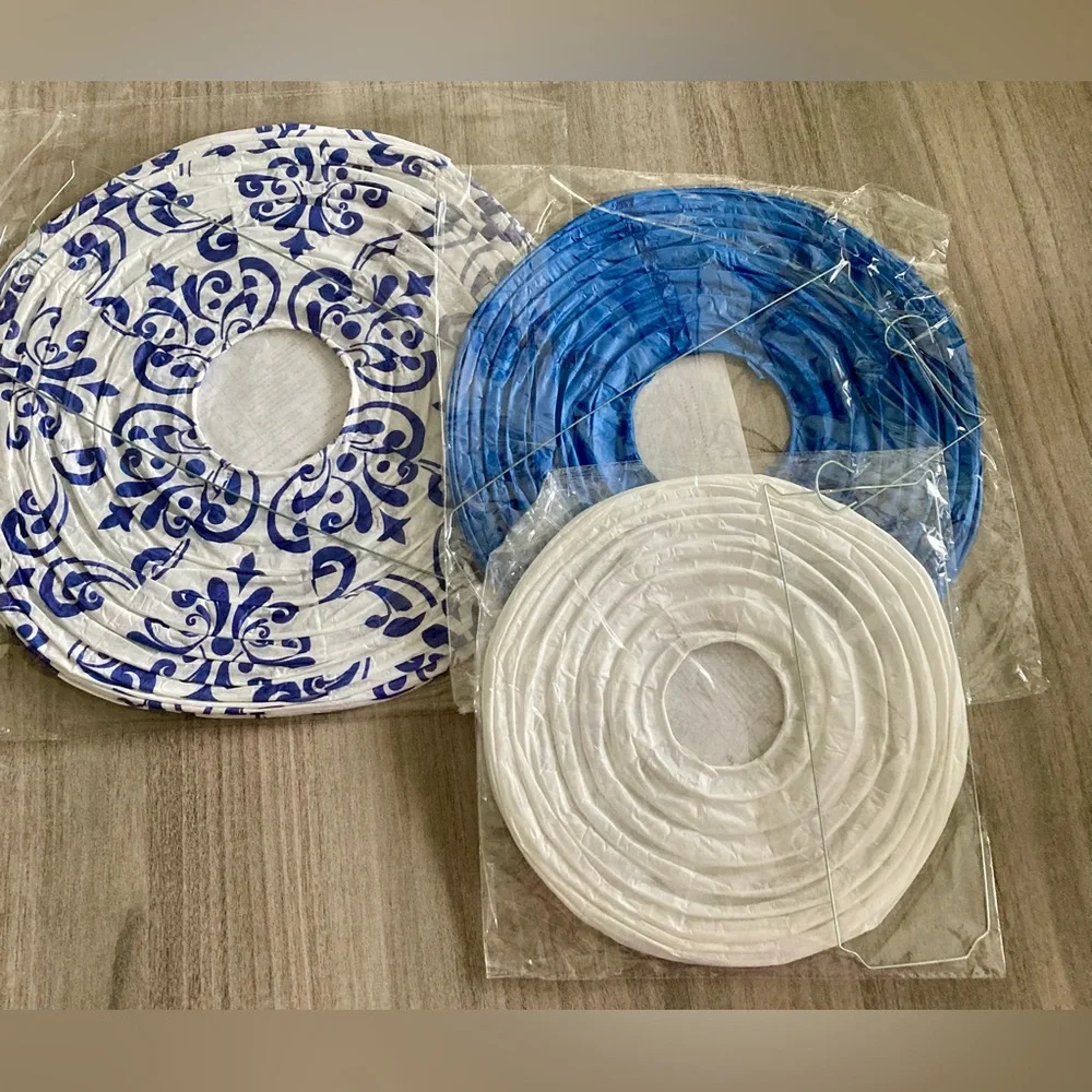 Blue and White Patterned Paper Lantern Set